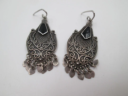 Women's long earrings. 925 sterling silver and black stones. Hook clasp. 1990's