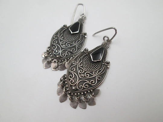 Women's long earrings. 925 sterling silver and black stones. Hook clasp. 1990's
