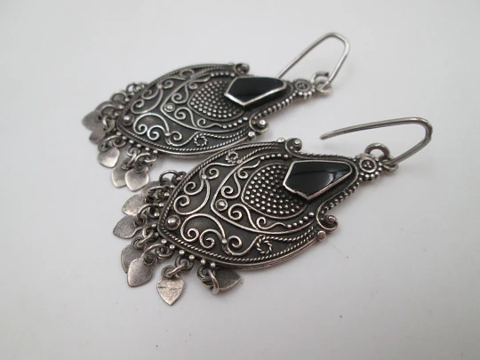 Women's long earrings. 925 sterling silver and black stones. Hook clasp. 1990's