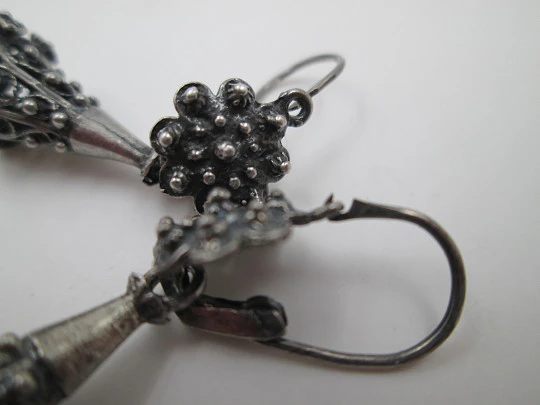 Women's long earrings. 925 sterling silver. Acorn and star. Hook clasp. 1980's. Spain