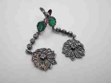 Women's long earrings. 925 sterling silver. Chrysoprases & white gems. Lever clasp