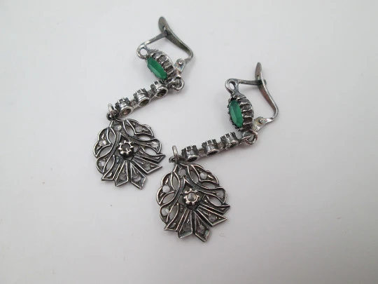 Women's long earrings. 925 sterling silver. Chrysoprases & white gems. Lever clasp Women's long earrings. 925 sterling silver. Chrysoprases & white gems. Lever clasp
