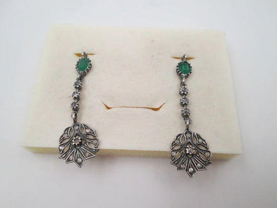 Women's long earrings. 925 sterling silver. Chrysoprases & white gems. Lever clasp