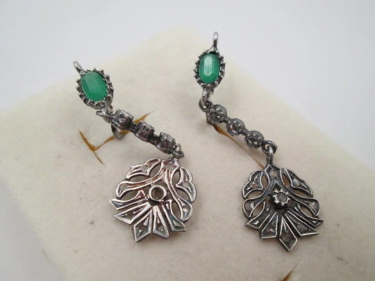 Women's long earrings. 925 sterling silver. Chrysoprases & white gems. Lever clasp Women's long earrings. 925 sterling silver. Chrysoprases & white gems. Lever clasp