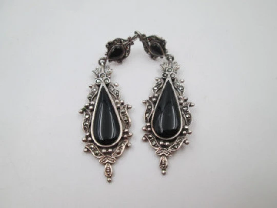 Women's long earrings. 925 sterling silver. Marcasite and onyx. Press clasp. 1970's