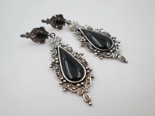 Women's long earrings. 925 sterling silver. Marcasite and onyx. Press clasp. 1970's