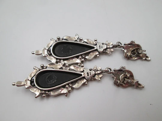 Women's long earrings. 925 sterling silver. Marcasite and onyx. Press clasp. 1970's