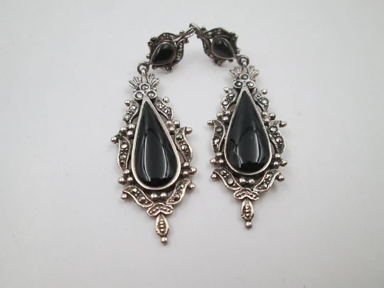 Women's long earrings. 925 sterling silver. Marcasite and onyx. Press clasp. 1970's