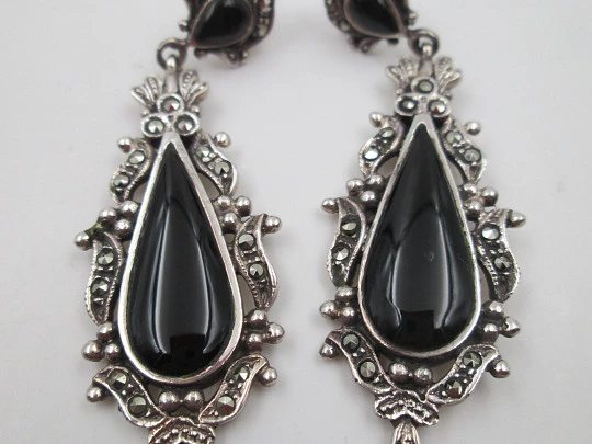Women's long earrings. 925 sterling silver. Marcasite and onyx. Press clasp. 1970's