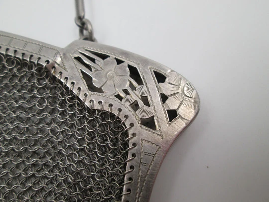 Women's mesh bag with chain. Openwork clutch frame and fringed end. Sterling silver