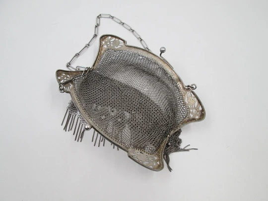 Women's mesh bag with chain. Openwork clutch frame and fringed end. Sterling silver