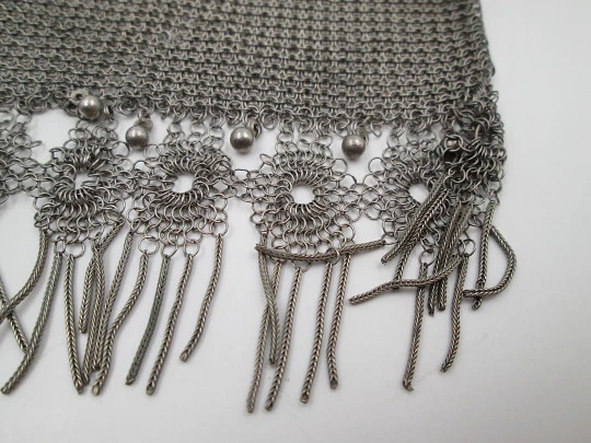 Women's mesh bag with chain. Openwork clutch frame and fringed end. Sterling silver