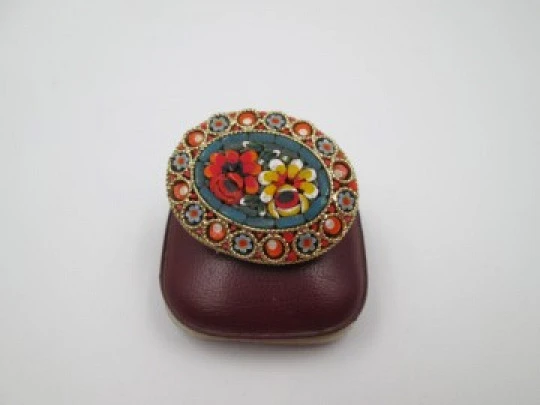 Women's micro mosaic brooch. Gold plated and colours stones. Italy. 1960's
