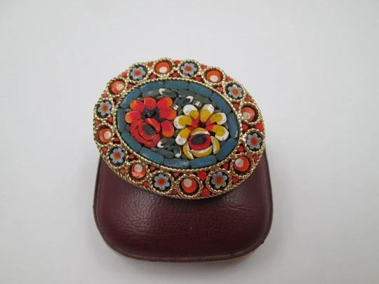 Women's micro mosaic brooch. Gold plated and colours stones. Italy. 1960's