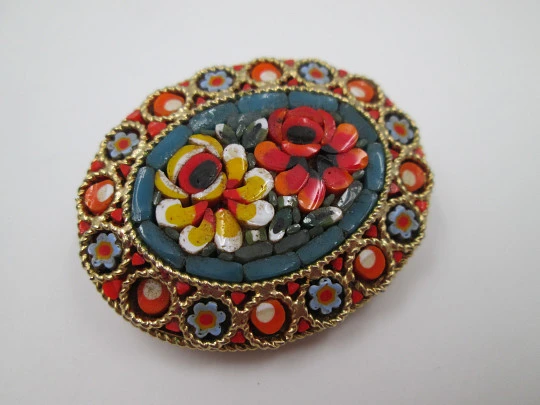 Women's micro mosaic brooch. Gold plated and colours stones. Italy. 1960's