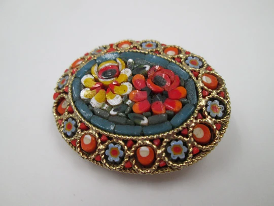 Women's micro mosaic brooch. Gold plated and colours stones. Italy. 1960's