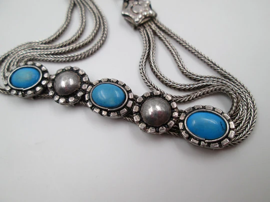 Women's multi-chain bracelet. Sterling silver & turquoise. Flowers. 1970's