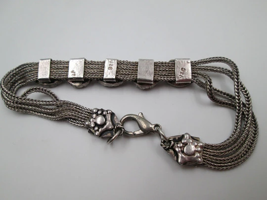 Women's multi-chain bracelet. Sterling silver & turquoise. Flowers. 1970's
