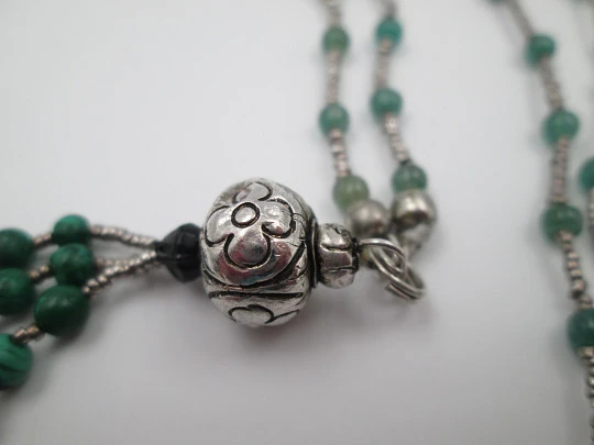 Women's necklace. Sterling silver and green stones. Malachite fringe ball pendant. 1980's