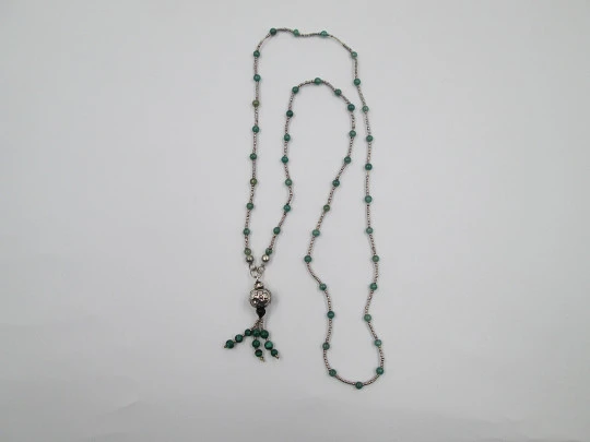 Women's necklace. Sterling silver and green stones. Malachite fringe ball pendant. 1980's