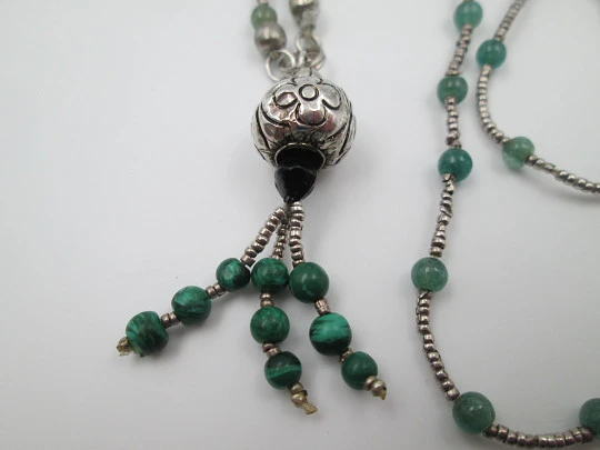 Women's necklace. Sterling silver and green stones. Malachite fringe ball pendant. 1980's