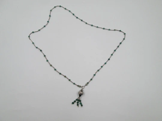 Women's necklace. Sterling silver and green stones. Malachite fringe ball pendant. 1980's