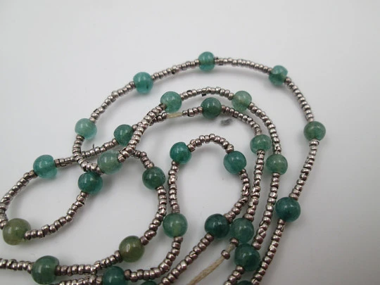 Women's necklace. Sterling silver and green stones. Malachite fringe ball pendant. 1980's