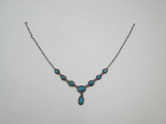 Women's necklace. Sterling silver and oval turquoise. Hoops & rhombus chain. 1980's