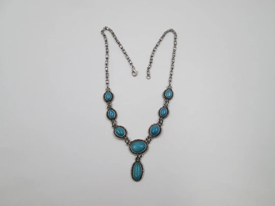 Women's necklace. Sterling silver and oval turquoise. Hoops & rhombus chain. 1980's