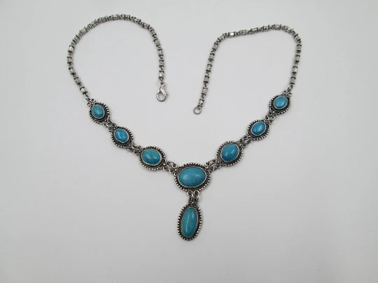 Women's necklace. Sterling silver and oval turquoise. Hoops & rhombus chain. 1980's