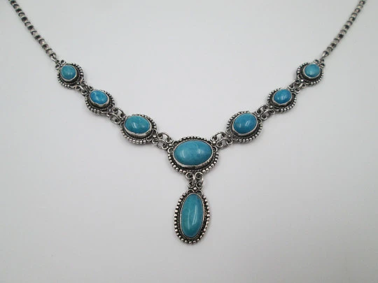 Women's necklace. Sterling silver and oval turquoise. Hoops & rhombus chain. 1980's