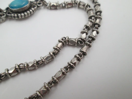 Women's necklace. Sterling silver and oval turquoise. Hoops & rhombus chain. 1980's