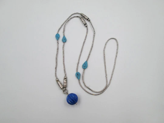 Women's necklace. Sterling silver and turquoise. Lapis lazuli sphere pendant. 1980's