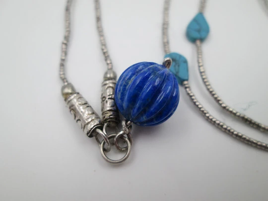 Women's necklace. Sterling silver and turquoise. Lapis lazuli sphere pendant. 1980's