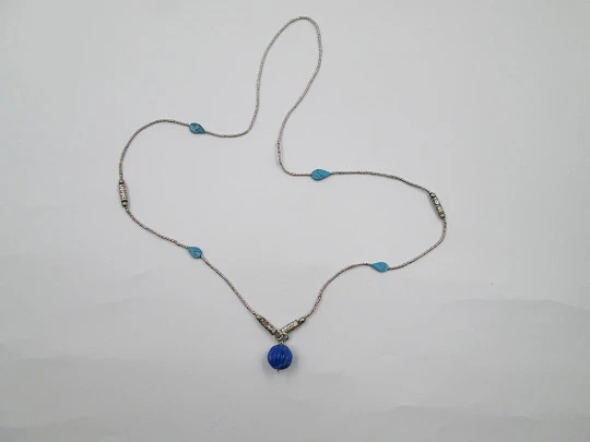 Women's necklace. Sterling silver and turquoise. Lapis lazuli sphere pendant. 1980's