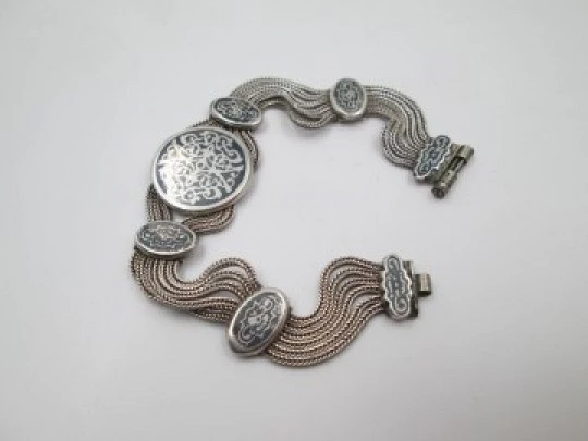 Women's niello sterling silver bracelet. Threads and ovals. Geometric motifs