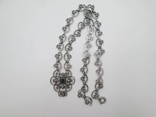 Women's openwork necklace. Sterling silver. Blue stone & white gems pendant