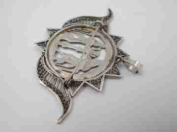 Women's openwork silver pendant brooch. Lotus flower picking scene. 1980's