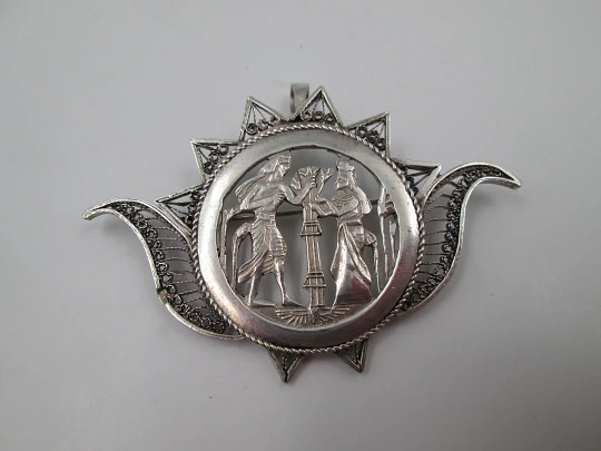 Women's openwork silver pendant brooch. Lotus flower picking scene. 1980's