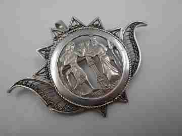 Women's openwork silver pendant brooch. Lotus flower picking scene. 1980's