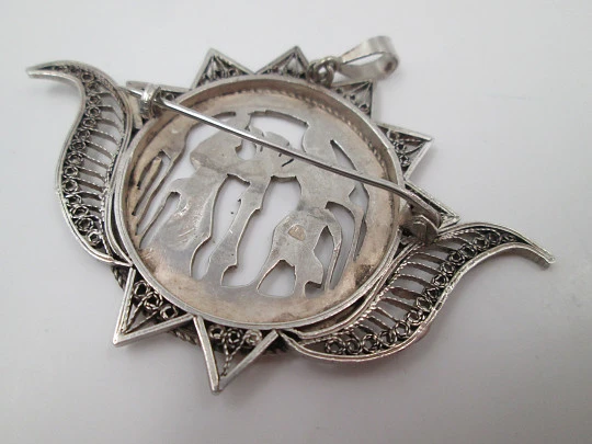 Women's openwork silver pendant brooch. Lotus flower picking scene. 1980's