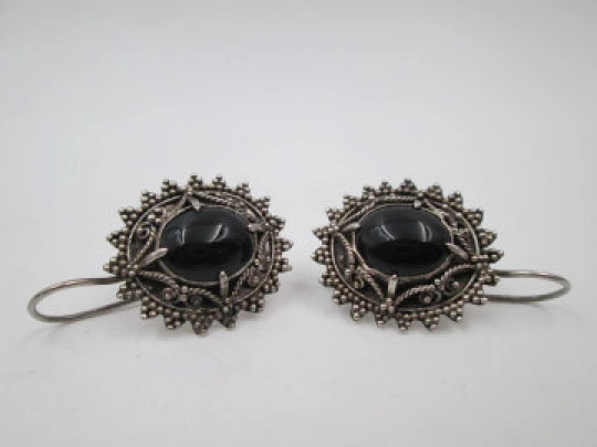 Women's oval earrings. 925 sterling silver and black stones. Hook clasp. 1980's. Europe
