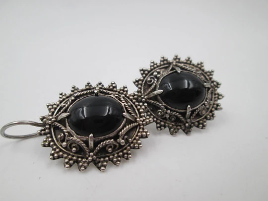 Women's oval earrings. 925 sterling silver and black stones. Hook clasp. 1980's. Europe