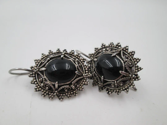Women's oval earrings. 925 sterling silver and black stones. Hook clasp. 1980's. Europe