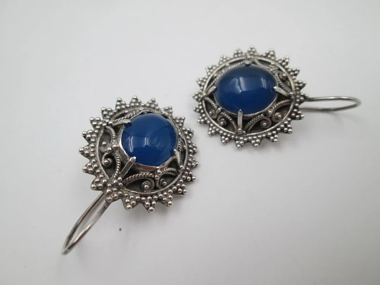 Women's oval earrings. 925 sterling silver and blue stones. Hook clasp. 1980's. Europe