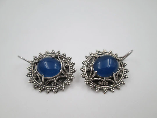 Women's oval earrings. 925 sterling silver and blue stones. Hook clasp. 1980's. Europe