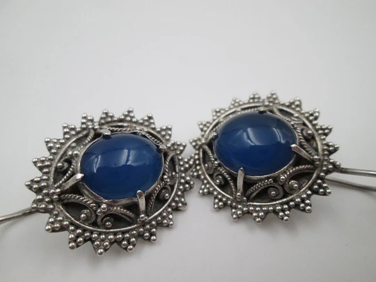Women's oval earrings. 925 sterling silver and blue stones. Hook clasp. 1980's. Europe