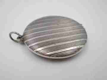 Women's pendant mirror. Sterling silver. Lines motifs. Tab clasp. 1970's