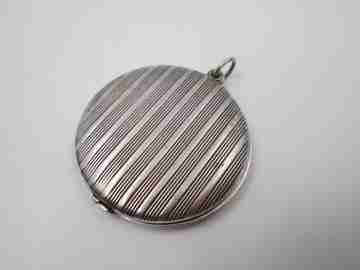 Women's pendant mirror. Sterling silver. Lines motifs. Tab clasp. 1970's