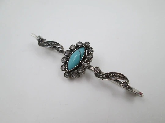 Women's pin brooch. Sterling silver, White sapphires & turquoise stone. 1980's
